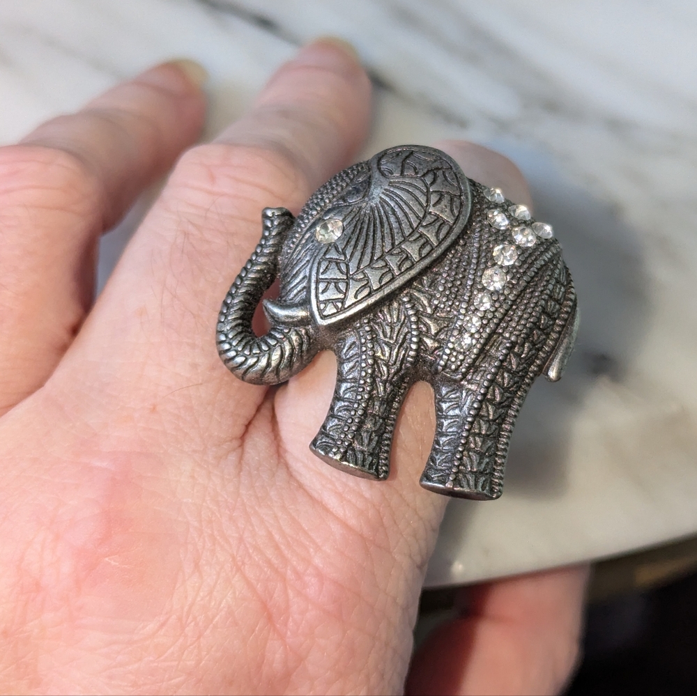 Elephant Ring w/ Etching +  Rhinestones / Stretch Band- Size 7 -10